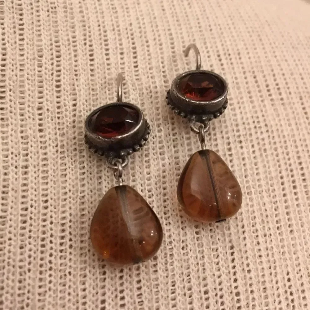 Sterling Silver Plated Earrings Amber & Topaz Color